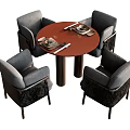 Modern Round Red Wooden Table With Four Gray Upholstered Dining Chairs Set 3d model