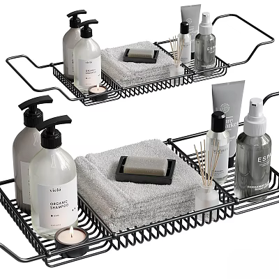 Modern Bathroom Set with Metal Wire Rack Towel Soap Dish and Toiletry Bottles 3d model