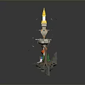 Fantasy Floating Tower Structure With Yellow Spire Root Base Green Plants And Floating Feathers