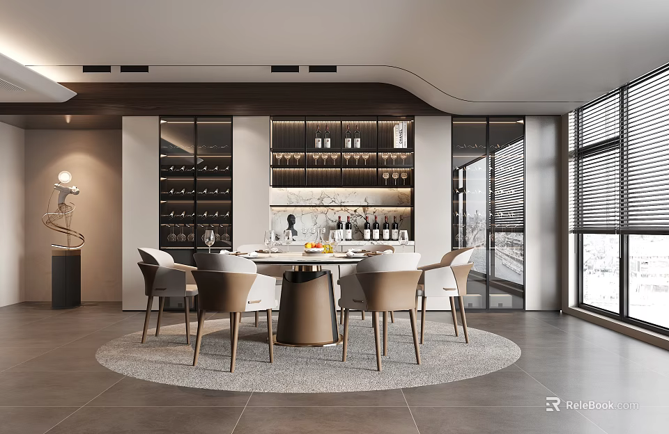 Elegant Modern Restaurant Interior With Round Dining Table Comfortable Chairs Wine Racks And Large Windows 3d model