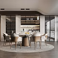 Elegant Modern Restaurant Interior With Round Dining Table Comfortable Chairs Wine Racks And Large Windows 3d model
