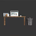 Wooden Desk Setup With Laptop Books Mouse And Trash Can In Room