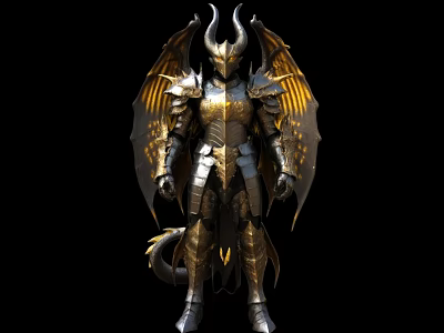 Game And Movie Character In Ornate Golden Silver Armor With Horns And Dragon Wings 3d model