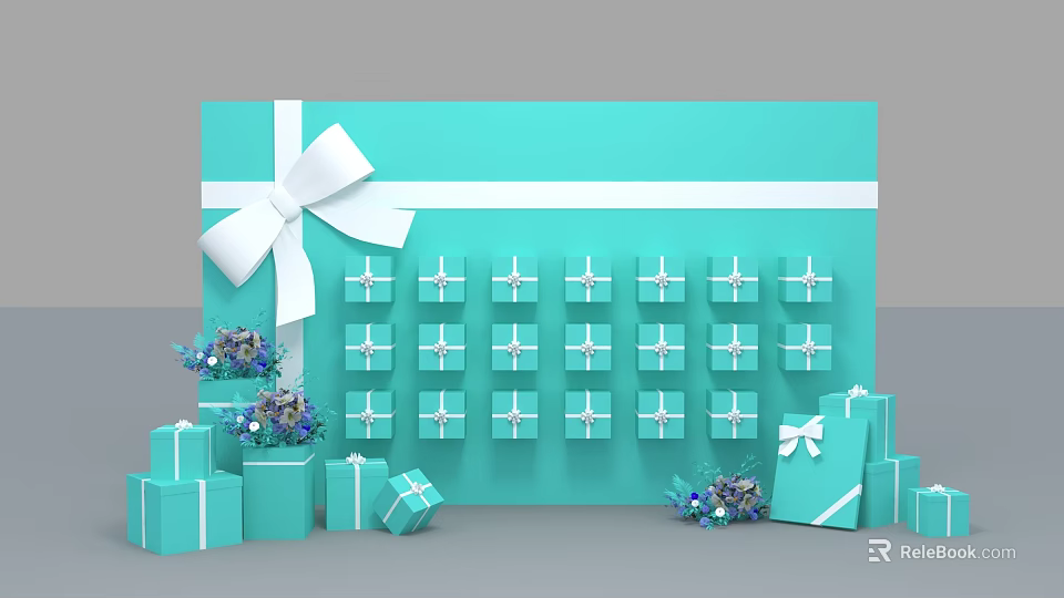 Turquoise Gift Display With White Bow Decor Multiple Small Boxes And Purple Floral Arrangements 3d model 