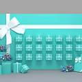 Turquoise Gift Display With White Bow Decor Multiple Small Boxes And Purple Floral Arrangements