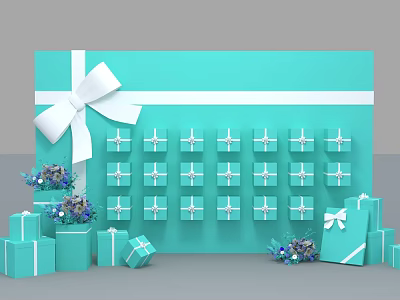 Turquoise Gift Display With White Bow Decor Multiple Small Boxes And Purple Floral Arrangements 3d model