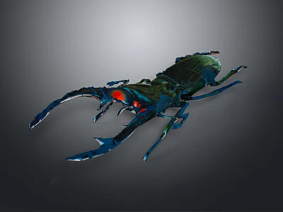 3D Rendered Beetle with Large Blue Pincers Red Eyes and Green Exoskeleton 3d model