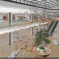 Spacious Bright Modern Shopping Mall Hall With Glass Skylight Escalators And Elegant Hanging Art Decorations