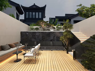 Traditional Chinese Garden Landscape With Wooden Deck Waterfall Feature Outdoor Seating And Pine Trees 3d model