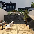 Traditional Chinese Garden Landscape With Wooden Deck Waterfall Feature Outdoor Seating And Pine Trees