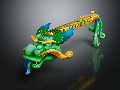 Vibrant Green Blue Yellow Dragon Shaped Musical Instrument and Artistic Painting Tools Decorative 3d model