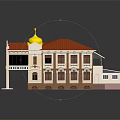 Traditional Building With Red Roof Yellow Domes White Columns Brown Walls And Balcony Design