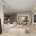 Modern Living Dining Room Interior With Fireplace Pendant Lights And Wooden Dining Table