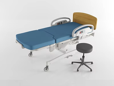 Adjustable Medical Bed With Blue Mattress Wooden Headboard Mobility Wheels And Stool 3d model