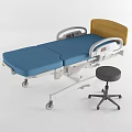 Adjustable Medical Bed With Blue Mattress Wooden Headboard Mobility Wheels And Stool