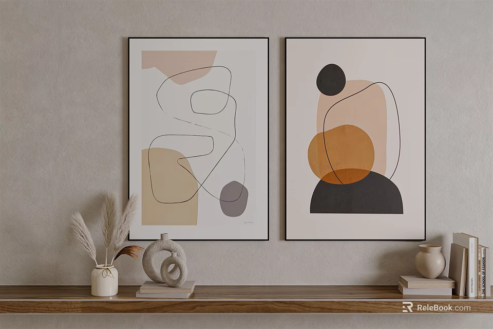 Abstract Paintings Featuring Geometric Shapes Lines And Warm Neutral Tones As Wall Art Decor 3d model 