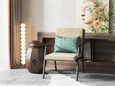 Modern Accent Chair with Beige Seat Green Cushion and Wooden Cabinet in Cozy Indoor Setting 3d model