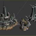 Cartoon Sci Fi City Scene With Futuristic Tower Structures And Circular Mechanical Designs 3d model