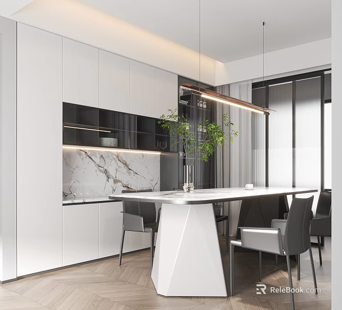 Modern Restaurant Interior With White Dining Table Grey Chairs And Pendant Lights 3d model 