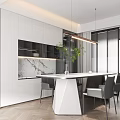 Modern Restaurant Interior With White Dining Table Grey Chairs And Pendant Lights