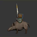 Man Riding Wild Boar Holding Long Spear Wearing Armor And Shield