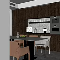 Modern Restaurant Interior With Open Kitchen Dark Cabinets Light Dining Table And Chairs 3d model