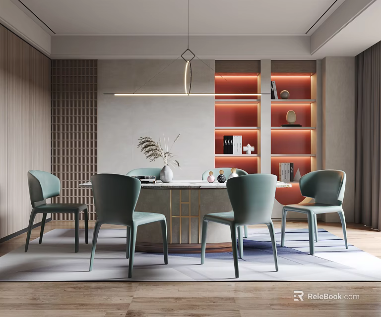 Modern Dining Room Interior With Teal Chairs Pendant Light Wooden Shelves And Decorative Plant 3d model 