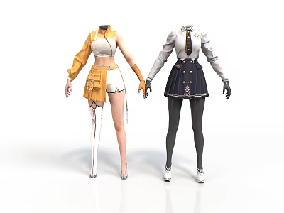 Stylish Fashion Outfits On Mannequins With Yellow Top White Shorts And Dark Skirt 3d model