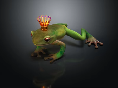 Green Frog Wearing Golden Crown With Red Gemstones On Dark Surface 3d model