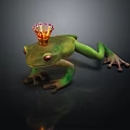 Green Frog Wearing Golden Crown With Red Gemstones On Dark Surface