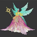 Fantasy Game Movie Character With Elegant White Gown White Feathered Wings Blue Hair And Ornate Staff