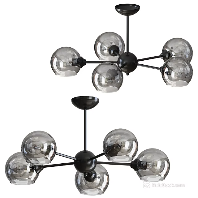 Modern Chandelier With Black Metal Arms And Multiple Transparent Glass Globes 3d model 