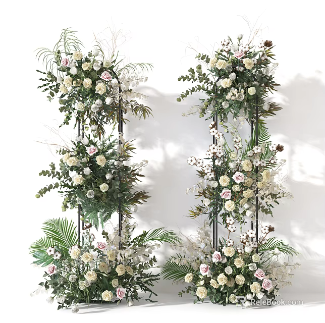 Elegant Decorative Vase Arrangement With Pink White Flowers And Green Leaves 3d model 