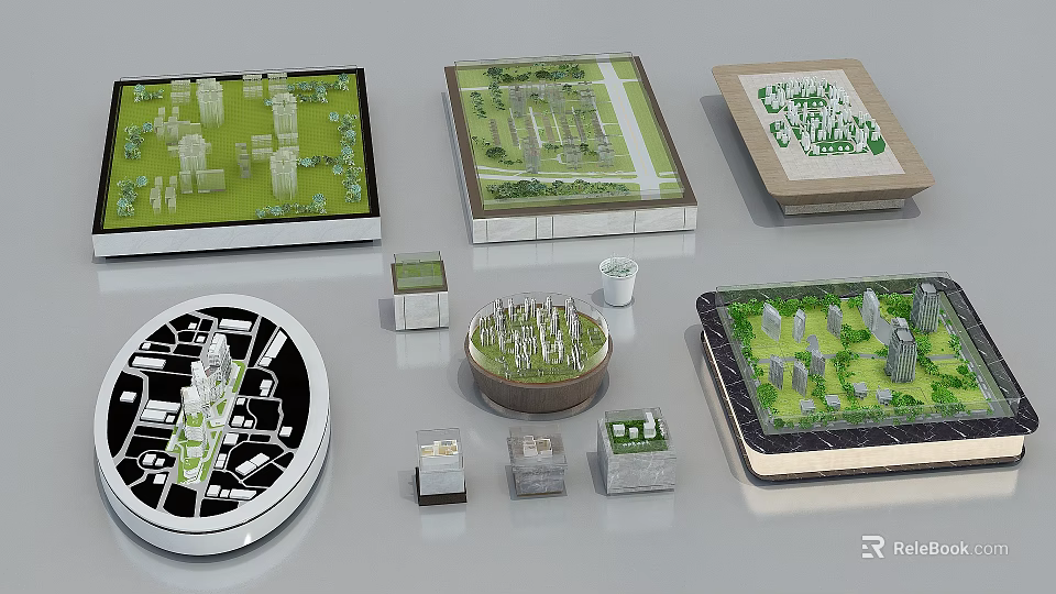Commercial Architectural Model Devices With Square Circular Bases Green Landscaping And White Building Structures 3d model 