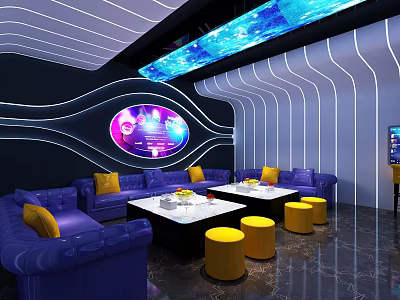 Modern KTV Lounge Interior With Blue Sofas Yellow Stools Circular Screen And Ceiling Lights 3d model