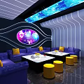 Modern KTV Lounge Interior With Blue Sofas Yellow Stools Circular Screen And Ceiling Lights 3d model