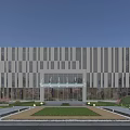 Modern Office Building Exterior With Glass Curtain Wall Grand Entrance And Landscaped Garden