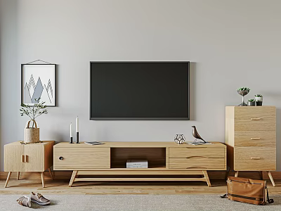 Natural Wooden TV Stand In Living Room With Wall Mounted TV And Decorative Plants 3d model