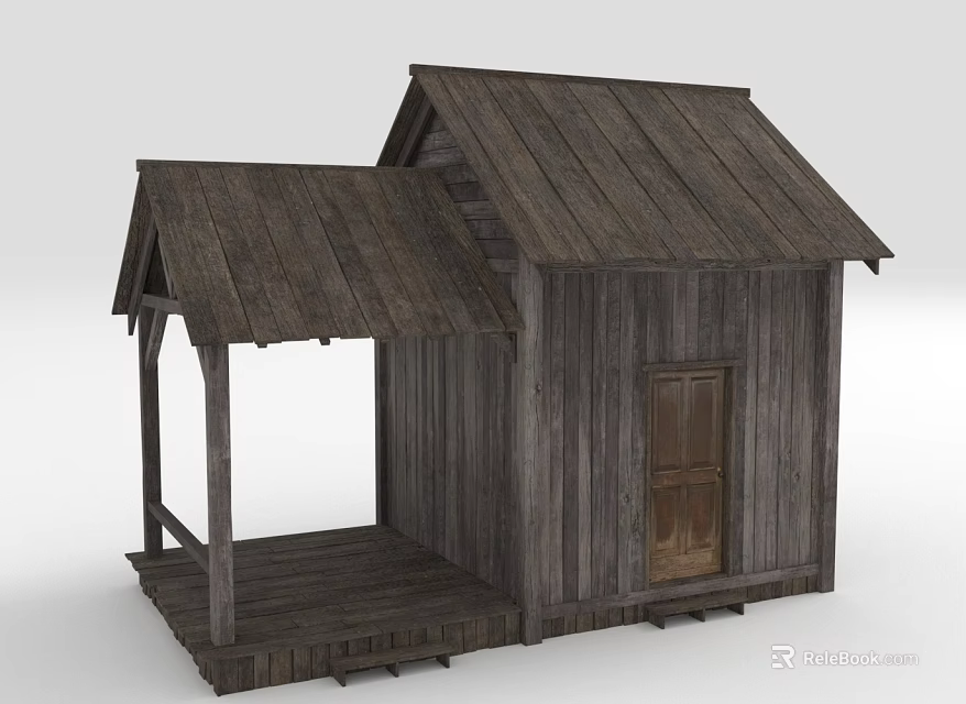Rustic Wooden Cabin With Sloped Wooden Roof Front Porch And Vintage Wooden Door 3d model 