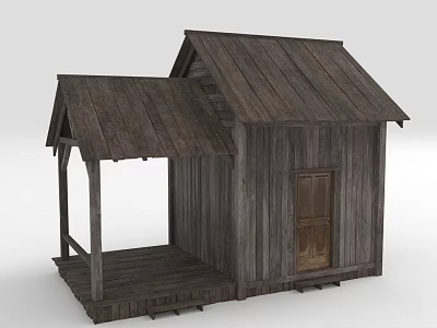 Rustic Wooden Cabin With Sloped Wooden Roof Front Porch And Vintage Wooden Door 3d model