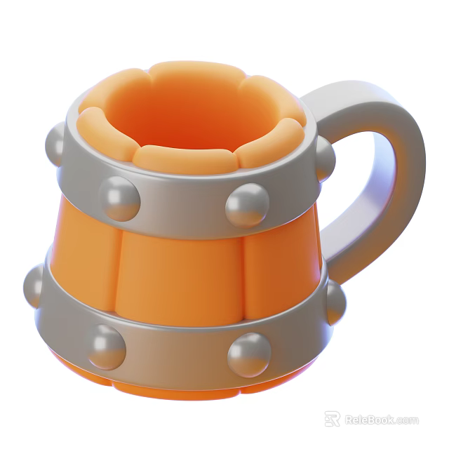 Cartoon Barrel Shaped Mug With Orange Body Gray Metal Rings And Rivets 3d model 