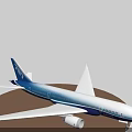 Airplane Model In Blue And White With Twin Engines Large Wings On Brown Circular Base