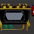 Gas Stove With Multiple Burners Yellow Knobs Black Yellow Body Green Bottles And Fire Extinguisher