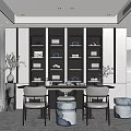 Modern Tea Room Interior Design With Tea Table Chairs Display Shelves Tea Sets And Decorations