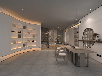 Modern Tea House Interior Design With Display Shelves Tables And Decorations 3d model