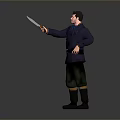 Man Wearing Dark Blue Coat Green Pants Belt Mustache Right Hand Extended Pointing Forward