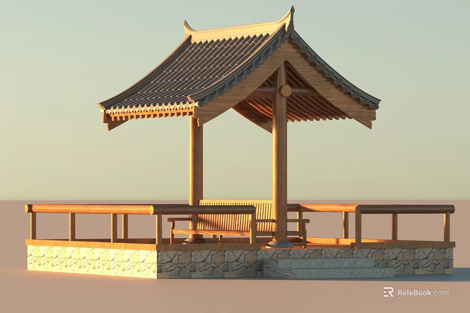 Ancient Architectural Pavilion With Traditional Roof Eaves Wooden Structure Stone Base Railings And Bench 3d model 