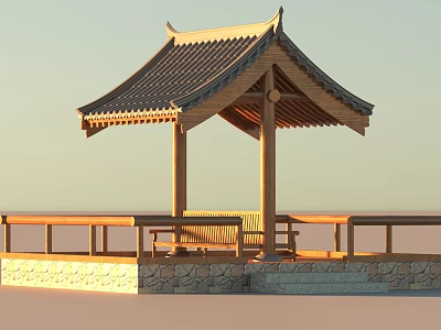 Ancient Architectural Pavilion With Traditional Roof Eaves Wooden Structure Stone Base Railings And Bench 3d model