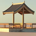 Ancient Architectural Pavilion With Traditional Roof Eaves Wooden Structure Stone Base Railings And Bench