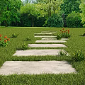 Lush Garden Landscape With Stone Path Green Lawn Red Orange Flowers And Trees